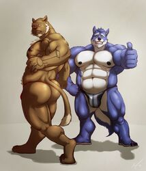 2013 abs anthro anus ass biceps big_muscles canine feline kinimus looking_at_viewer male male_only mooning musclegut muscles novra novra nude speedo swimsuit taoren tattoo thumbs_up wolf