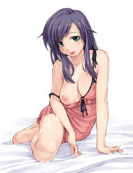 1girls arm_support barefoot bed blush breasts chemise cum cum_on_body female green_eyes long_hair niku nipple_slip nipples original purple_hair simple_background solo tongue