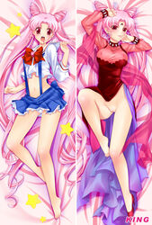 2girls barefoot bishoujo_senshi_sailor_moon black_lady black_moon blush bow breasts chibi_usa cleavage clothing crescent dakimakura dark_persona diamond double_bun dress earrings facial_mark female forehead_mark heart high_heels jewelry king_(dakemakura) large_breasts lipstick long_hair lying makeup medium_breasts midriff miniskirt multiple_girls navel no_bra no_panties open_mouth panties parted_lips pink_hair pussy red_eyes see-through see-through_clothing shawl shirt shoes side_slit single_shoe skirt star suspenders taut_shirt uncensored underwear very_long_hair villainess