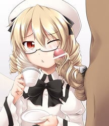 :< blonde_hair blush bow cheek_poke cup drill_hair eyewear foreskin gisyo glasses hairjob hat luna_child penis penis_on_face poking red_eyes saucer short_hair solo teacup touhou wince wings