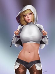 april_(artist) blonde_hair edge_of_spider-verse female ghost-spider gwen_stacy hood hoodie large_breasts marvel marvel_comics navel pantyhose realistic shorts solo spider-gwen spider-man_(series) standing torn_pantyhose