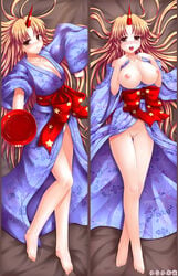 blonde_hair blush breasts breasts_out brown_eyes cleavage dakimakura horn hoshiguma_yuugi japanese_clothes kimono large_breasts long_hair lying minami_(dakemakura) no_panties open_mouth panties pussy sakazuki sake touhou uncensored underwear