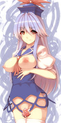 1girls breasts breasts_out brown_eyes censored erect_nipples female hat keine_kamishirasawa large_breasts lavender_hair long_hair novelty_censor solo thighhighs touhou tro white_legwear