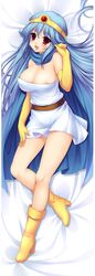 :d blue_hair blush boots breasts cape circlet cleavage clothing dakimakura dragon_quest dragon_quest_iii dress elbow_gloves footwear gloves large_breasts long_hair lying open_mouth red_eyes sage_(dq3) smile socks vivi_(dakemakura)