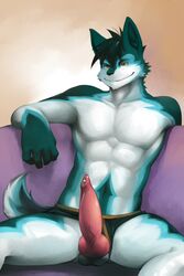 abs anthro balls black_hair blue_fur brown_eyes canine canine_penis clothed clothing cum erection furry grin hair half-dressed knot male male_only muscles orange_eyes pecs penis presenting solo spread_legs spreading suggestive topless turquoise_fur underwear vein vu06 white_fur