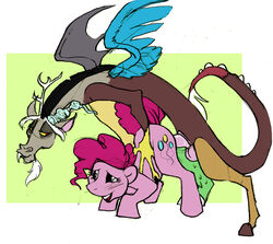 2011 abstract_background antler ass_up balls cutie_mark discord_(mlp) doggy_style draconequus equine friendship_is_magic from_behind horn horse jabberwockychamber my_little_pony penetration penis pinkie_pie_(mlp) raised_tail red_eyes sex size_difference smile smooth_skin tail vaginal_penetration wings