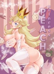 1up arm_gloves ass blonde_hair blue_eyes breasts clown covering covering_breasts crown highres hinomaru_(firesoul) mario_(series) mushroom nintendo nipples princess_peach super_mario_bros. thighhighs toad_(mario)