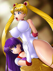 2girls arms_behind_back bishoujo_senshi_sailor_moon blonde_hair bondage breasts clothing erect_nipples erect_nipples_under_clothes female female_only highres human large_breasts multiple_females multiple_girls onoe pokies purple_eyes purple_hair rei_hino restrained sailor_mars sailor_moon spread_legs thick_thighs thighs tight_clothes usagi_tsukino wooden_horse yuri