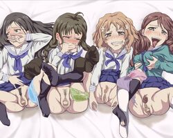 4girls anus ass blonde_hair breast_grab breasts censored closed_eyes clothing dom feet flower footwear hanasaku_iroha jiromike2000 legs matsumae_ohana multiple_girls oshimizu_nako panties panty pubic_hair pussy school_uniform short_hair skirt socks spread_legs tongue tsurugi_minko vagina wakura_yuina