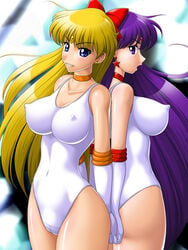 2girls ass backboob big_ass big_butt bishoujo_senshi_sailor_moon blonde_hair bow breasts cameltoe clothing erect_nipples erect_nipples_under_clothes female female_only highres human large_breasts long_nipples looking_back minako_aino multiple_females multiple_girls nipples onoe purple_eyes purple_hair rei_hino sailor_mars sailor_venus swimsuit teenager thick_thighs thighs tight_clothes yuri