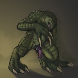 1boy 2012 claws erection green hindpaw hunter_(resident_evil) looking_at_viewer male male_only nude paws penis reptile resident_evil saliva scalie slit solo standing teeth thighs tojo_the_thief