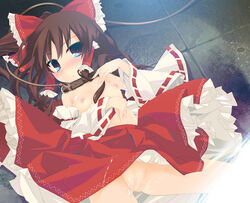 blush bondage bow breasts brown_eyes brown_hair collar detached_sleeves female female_only hair_tubes hairbow hand_in_hair human leash lying nipples no_panties on_back ponytail pussy reimu_hakurei skirt slave solo tied_hair topless tororo touhou upskirt