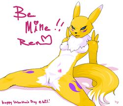 aliasing anthro blue_eyes breasts canine chest_tuft devo digimon ear facial_markings female fox fur furry markings nipples nude open_mouth plain_background pussy renamon solo spread_legs spreading tail white_background