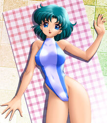 1girls ami_mizuno bishoujo_senshi_sailor_moon blue_eyes blue_hair female female_only highres human medium_breasts one-piece_swimsuit onoe solo swimsuit