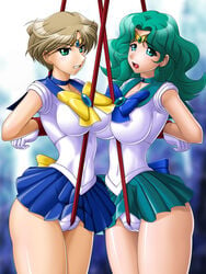 2girls arms_behind_back between_labia bishoujo_senshi_sailor_moon bondage bound choker clenched_teeth clothing crotch_rope dominated_couple female female_only femsub fully_clothed haruka_tenou highres hourglass_figure innie_pussy large_breasts medium_breasts michiru_kaiou multiple_girls multiple_subs onoe open_mouth panties panty_peek restrained rope sailor_neptune sailor_uranus school_uniform skirt tiara