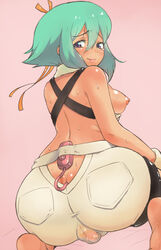 1girls aquarion_evol areolae ass ass_cleavage ass_cutout back_turned barefoot blush breasts butt_crack clothed_masturbation clothing discreet_vibrator ear erect_nipples fat_mons female female_only from_behind green_hair hair_ribbon huge_ass lips looking_back masturbation medium_breasts momogesomaru more_revealing_backside nipples puffy_nipples purple_eyes pussy ribbon see-through sheer shorts simple_background smile solo sweat tan tear vibrator vibrator_under_clothes wide_hips zessica_wong