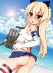 1girls :3 animal_ears ass beach blonde_hair blue_skirt blush brown_eyes cat_ears dutch_angle elbow_gloves female gloves hair high_resolution human kantai_collection kemonomimi_mode long_hair looking_at_viewer ocean rensouhou-chan shimakaze_(kantai_collection) skirt solo striped striped_legwear thighhighs thong whale_tail white_gloves zack_(haiuinndo)