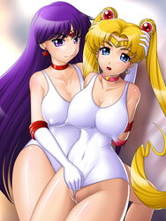 2girls big_breasts bishoujo_senshi_sailor_moon censored clothed clothing erect_nipples erect_nipples_under_clothes exposed_pussy female female_only highres human large_breasts leotard onoe pokies pussy rei_hino sailor_mars sailor_moon usagi_tsukino yuri