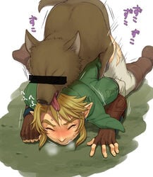 1boy anal anal_sex bestiality blonde_hair blush canine censored closed_eyes doggy_style earrings elf feral forced_yaoi from_behind fur gay hylian identity_censor interspecies link link_(twilight_princess) male male/male male_on_male male_only nintendo penetration pointless_censoring pointy_ears rape sex shiwashiwa_no_kinchakubukuru simple_background tear the_legend_of_zelda translated twilight_princess video_games wolf yaoi zoophilia