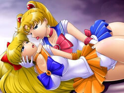 2girls bishoujo_senshi_sailor_moon blonde_hair blue_eyes bow breasts busty choker cleavage clitoris clothed clothing double_bun female female_only hairbow human large_breasts long_hair minako_aino multiple_girls nonude onoe panties rubbing_pussy_through_clothing sailor_moon sailor_venus skirt tiara upskirt usagi_tsukino voluptuous white_panties yuri