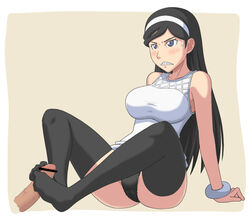 arm_support bare_shoulders black_hair black_legwear black_panties blue_eyes blush bracelet breasts cameltoe censored clenched_teeth clothing dress feet female footjob goriate hairband jewelry kumashiro_maya large_breasts leaning_back long_hair minidress occult_academy panties penis seikimatsu_occult_gakuin sitting sweatdrop thighhighs underwear white_dress