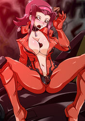 akiza_izinski blush breasts brown_eyes card cleavage clenched_teeth clothing duel_runner female female_only gloves hair hairband heart highres human izayoi_aki jumpsuit large_breasts navel red_eyes red_hair short_hair sitting smile solo spread_legs straw straw_(artist) unzipped valentine yu-gi-oh! yu-gi-oh!_5d's