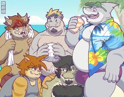 2011 anthro beach belly biceps black_hair blonde_hair blood blush boar brown_hair bulge butch_(character) chubby clothing crocodile dunn dyed_hair dyers eyebrow_piercing facial_hair facial_piercing feline fish fur furry goatee grin hair hairy hippo krokodyle male_only marine muscles nosebleed overweight porcine red_hair reptile rubbing scalie seaside shark shirt smile speedo swimsuit thong towel vest volleyball wanikami