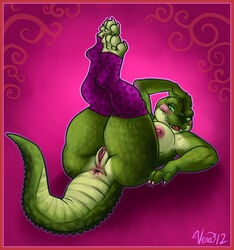 alligator anthro anus blush breasts female green_eyes inviting legs_up looking_at_viewer nude original_character presenting pussy reptile scalie solo vera