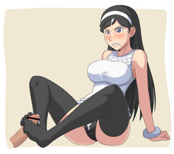 arm_support bare_shoulders black_hair black_legwear black_panties blue_eyes blush bracelet breasts cameltoe censored clenched_teeth clothing cum cum_on_body cum_on_breasts cum_on_clothes cum_on_hair cum_on_panties cum_on_upper_body cumdrip dress facial feet female footjob goriate hairband jewelry kumashiro_maya large_breasts leaning_back long_hair minidress occult_academy panties penis seikimatsu_occult_gakuin sitting sweatdrop thighhighs underwear white_dress