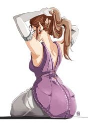 1girl artist_logo ass automatic_giraffe back bare_shoulders brown_hair commentary dress earrings elbow_gloves english_commentary gloves highres logo long_hair nintendo pointy_ears princess_zelda purple_dress simple_background sitting solo the_legend_of_zelda the_legend_of_zelda:_twilight_princess twilight_princess tying_hair white_background white_gloves