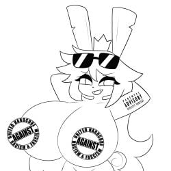 1girls aged_up album_cover bedroom_eyes breasts censored commission commissioner_upload cover_art crown female fundamental_paper_education hands_behind_head huge_breasts lagomorph line_art monochrome nude parental_advisory_sticker petunia_(fundamental_paper_education) pose rabbit sawavhs smile smirk solo_female sunglasses tagme top_heavy uncensored_version_available white_fur
