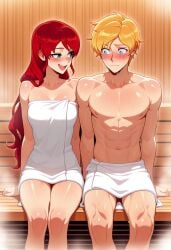 1boy 1girls ai_generated jaune_arc light-skinned_female long_hair pyrrha_nikos red_hair red_hair_female rwby shiny_hair shiny_skin