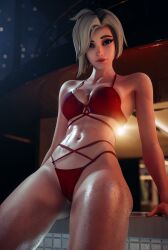 1girls 2025 3d bikini blonde_hair blue_eyes cowboy_shot detailed_background female female_only hi_res highres light-skinned_female light_skin looking_at_viewer medium_breasts mercy overwatch qtria short_hair sitting slim wet_body