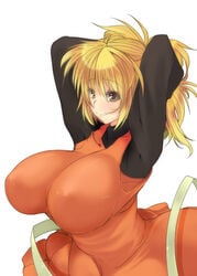 blonde_hair breasts curvy fully_clothed huge_breasts no_humans ponytail subterranean_animism team_shanghai_alice tied_hair toono_yayoi touhou white_background yamame_kurodani yellow_eyes youkai