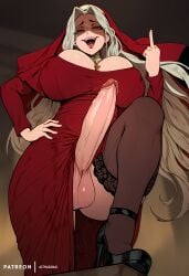 absurd_res absurdres ai_generated althaean black_footwear black_thighhighs breasts cleavage covered_nipples cross cross_necklace dress erection evil_smile from_below futanari habit hand_on_own_hip high_heels huge_breasts huge_penis huge_testicles jewelry lace_trim lace_trimmed_legwear large_breasts large_penis lipstick long_hair long_sleeves looking_at_viewer looking_down makeup middle_finger necklace no_panties nun open_mouth penis precum red_dress red_eyes red_lips selene_(althaean) shaded_face smile smug solo standing stepped_on teeth testicles thighhighs thighs uncensored upper_teeth_only veil veins veiny_penis very_long_hair white_hair