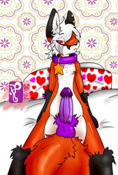 1boy anthro balls bed canine collar erection fox fur furry girly gold hair male male_only multiple_tails nipples nude penis piercing pillow purple red_fox smug solo star tail twi twifoxy wallpaper white_fur