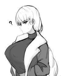 ? big_breasts bomber_jacket fear_and_hunger fear_and_hunger:_termina female female_only fully_clothed hands_in_pockets huge_breasts karin_(fear_and_hunger) long_hair looking_at_viewer low_ponytail monochrome nipple_bulge ponytail sketch solo sweatdrop turtleneck upper_body