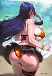 absurd_res absurdres ai_generated althaean ass back bare_shoulders beach bikini black_skirt blue_eyes blue_hair blush bracelet breasts choker curvy day from_behind green_eyes hair_between_eyes huge_ass huge_breasts jewelry large_breasts lips long_hair looking_at_viewer looking_back mahou_shoujo_(raita) ocean open_mouth orange_bikini outdoors parted_lips pleated_skirt sand shiny_skin sideboob skindentation skirt solo standing suzuhara_misa suzuhara_misae sweat swimsuit thick_thighs thigh_strap thighs very_long_hair water wet wide_eyed zettai_junpaku_mahou_shoujo