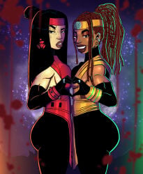 2girls asian asian_female ass big_ass black_hair brown_hair bubble_butt cyrax cyrax_(new_era) dark-skinned_female dark_skin female female_only headband light-skinned_female light_skin mortal_kombat mortal_kombat_1_(2023) nose_piercing sektor sektor_(new_era) shy_green sideboob