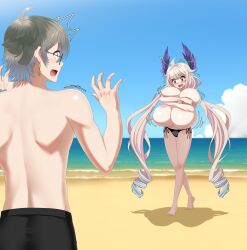 1boy 1boy1girl 1girls absurd_res ahoge alternate_breast_size areola_slip arms_crossed back beach bikini black_bikini black_swimsuit blonde_hair blue_highlights blush breast_expansion breasts_bigger_than_head breasts_bigger_than_torso bursting_breasts cloud collarbone commission covering_breasts drill_hair earrings embarrassed english_commentary enna_alouette error fang full_body gigantic_breasts glasses gray_hair hair_between_eyes hair_flaps headwings highleg_bikini_bottom highres hoosu ike_eveland long_sidelocks looking_down low_twintails mortified motion_lines multicolored_hair nijisanji nijisanji_en nipple_slip nipples no_wings ocean open_mouth peeking_nipple purple_eyes purple_wings reaction_lines second-party_source shadow shaking shocked shocked_expression shrunken_irises side-tie_bikini_bottom sidelocks skindentation sky string_bikini surprised surprised_expression swim_trunks swimsuit tears teeth topless topless_female topless_male twintails upper_teeth_only wrong_feet yellow_eyes