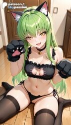 1girls 2026 ai_assisted ai_generated animal_ears animal_hands anime bell boobs breasts bust c.c. cat_cutout cat_ears cat_lingerie choker cleavage_cutout clothing_cutout code_geass green_hair hi_res high_quality high_resolution highres jingle_bell long_hair meme_attire panties patreon patreon_username side-tie_panties skypassion stable_diffusion thighhighs tits underwear watermark wooden_floor
