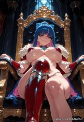1girl 1girls 2026 ai_generated anime armor bangs bikini blue_bow blue_eyes blue_hair blunt_bangs boobs bow breasts cape cleavage colored_inner_hair covered_nipples crossover eye_contact female female_focus female_only from_below fur_trim grin hair_bow highres huge_breasts indoors inside large_breasts long_hair looking_at_viewer low_angle micro_bikini multicolored_hair nail_polish nsfw panty_&_stocking_with_garterbelt parted_lips patreon patreon_username pink_hair red_bikini red_cape rognezart sitting smile smiling smirk smug solo stocking_anarchy string_bikini swimsuit thick_thighs thighs throne two-tone_hair underboob very_long_hair