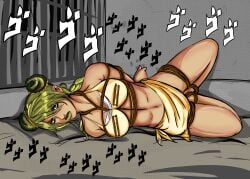 alternate_version_available arms_behind_back bdsm bikini commentary_request femsub green_hair green_lipstick jail jail_cell jojo's_bizarre_adventure jolyne_cujoh jolyne_kujo kujo_jolyne menacing nipple_clamps prison prisoner shadesofscarlet stone_ocean
