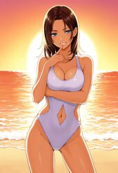 1girls ai_generated beach blue_eyes breasts brown_hair drag-on_dragoon drakengard female female_only furiae looking_at_viewer one_piece_swimsuit sunset swimsuit thighs white_bikini