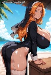 ai_generated ass_focus bent_over bleach bleach:_the_thousand-year_blood_war bokeh_background breasts cross_necklace deep_cleavage from_below gaddariat garter_belt garter_straps high_ponytail huge_breasts large_breasts looking_back low_angle matsumoto_rangiku milf nun_dress patreon rangiku_matsumoto slight_smile thighhighs veil