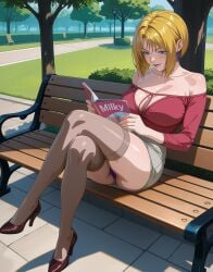 1girls ai_generated alternate_costume bare_shoulders bench bible_black bible_black_new_testament big_breasts blonde_hair blouse blue_eyes blush bob_cut breasts cap cleavage clothing cross_earrings crossed_legs curvaceous curvy curvy_body curvy_female curvy_figure day dirty_magazine earrings enigmata faithful_to_the_anime female female_only full_body heels high_heels high_resolution holding_object hourglass_figure hourglass_figured_female huge_breasts jewelry kitami_reika large_breasts lingerie lingerie_panties looking_down mature mature_female milf no_bra no_bra_under_clothes official_alternate_costume outdoors panties pantyshot pantyshot_(sitting) park parted_bangs pencil_skirt pinup porn_magazine reading reading_magazine reading_pornography revealing_clothes sagging_breasts shin_bible_black shirt shirt_tucked_in short_hair sitting sitting_on_bench skirt smile smiling smiling_at_viewer solo stockings strapless straw suggestive suggestive_gesture suggestive_pose suggestive_posing sunlight thick_thighs thighhighs thighs voluptuous voluptuous_body voluptuous_female waving waving_at_viewer waving_hand wide_hips