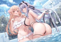 2girls ass asymmetrical_docking bikini bikini_bottom bikini_top blonde_hair blue_sky breasts cameltoe female female_only frilled_bikini frills gray_hair hair_ornament hair_ribbon hairband highres in_water large_breasts long_hair original pool pool_ladder sideboob silver_hair sora_72-iro straight_hair swimsuit water wet