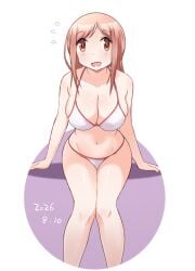 1girl aikawa_chiho arm_support bikini birthday breasts brown_eyes brown_hair circle cleavage collarbone commentary_request dated feet_out_of_frame groin katatsuka_kouji large_breasts light_blush long_hair looking_at_viewer navel purple_background sitting smile solo stomach swimsuit two-tone_background white_background white_bikini yuyushiki