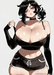 1girls ai_generated areola_slip ashley_graves bangs bare_shoulders black_choker black_hair black_shorts blush breasts choker cleavage collarbone cowboy_shot crop_top curvy dolphin_shorts grey_background huge_breasts looking_at_viewer makeup medium_hair midriff mole mole_on_breast mole_on_stomach mole_on_thigh mole_under_mouth multiple_moles navel navel_piercing parted_lips piercing pink_eyes purple_eyes sakaro shiny_skin short_shorts shorts simple_background skindentation solo the_coffin_of_andy_and_leyley thick_thighs thighhighs thighs