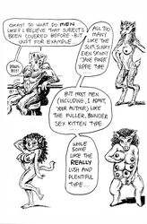 anthro big_breasts black_and_white breasts canine claws dialogue erection feline female fur furry hooves kiartan_arnorsson male monochrome multi_breast nipples penis pig porcine thin